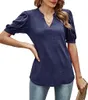ASKSA Damen T-Shirt V-Ausschnitt PuffäRmel Kurzarm Basic Produktbild-Vorschau 2