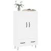 A white highboard with two doors and two drawers, standing on hairpin legs. A vase with flowers and an open book are placed on top. Voir les images du produit