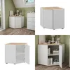 A collage of images showing a white corner cabinet with a wood-effect top, displayed in different settings and angles. Anteprima dell’immagine prodotto