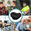 A collage of images showing people in different settings, with a central image of a black orthopedic seat cushion. Podgląd zdjęcia produktu