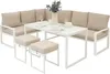 An outdoor furniture set including a sectional sofa, a table, and two stools, arranged on a white background. Produktbild-Vorschau
