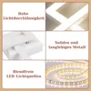 A collage of images showcasing features of a modern LED ceiling lamp, including its light transmission, material, and light sources. Produktbild-Vorschau