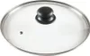 A clear, top-down view of a glass pot lid with a stainless steel rim and a black handle. Voir les images du produit