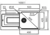 A technical drawing of a sink with dimensions and specifications. Produktbild-Vorschau
