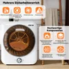 A white mini clothes dryer is shown with various feature callouts and icons. Produktbild-Vorschau