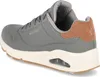 A side view of a gray Skechers sneaker with brown accents. Voir les images du produit