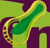 A close-up of a green and yellow avocado tool against a green and purple background with abstract shapes. Produktbild-Vorschau