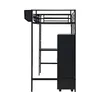 Side view of a black metal loft bed with a desk and storage unit underneath. Náhled obrázku produktu