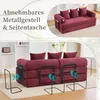A split image showing a burgundy sofa bed with text overlays and a close-up view of its features. Produktbild-Vorschau