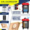 A collage of images and text explaining the 3-in-1 filter system of a vacuum cleaner. Produktbild-Vorschau