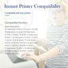 A woman in glasses holding a tablet, with text about printer compatibility. Produktbild-Vorschau