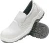 A pair of white slip-on safety shoes with gray soles, shown against a white background. Produktbild-Vorschau
