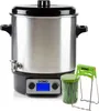 A stainless steel canning pot with a black lid and control panel, along with a jar of green beans and a jar lifter. Podgląd zdjęcia produktu