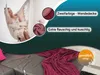 A woman relaxing in a hammock, with close-ups of a blanket and a blanket draped over a sofa. Produktbild-Vorschau