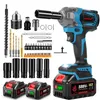 A collection of power tools and accessories, including an impact wrench, batteries, sockets, and drill bits, arranged on a white background. Voir les images du produit