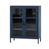 A dark blue metal display cabinet with glass doors and two adjustable shelves, shown against a white background. Podgląd zdjęcia produktu
