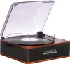 A retro-style record player with a clear lid open, showing a vinyl record on the turntable. Produktbild-Vorschau