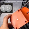 A hand is holding an orange power tool while a screwdriver is being used to attach a part. Two diamond grinding wheels are shown in an inset image. Podgląd zdjęcia produktu
