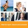Collage of four images showing people using earbuds in different settings: running on a beach, working out in a gym, in a business meeting, and on a train. An orange bar at the bottom contains text. Produktbild-Vorschau