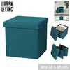 A collage of images showing a teal storage ottoman and its features, along with product information and dimensions. Produktbild-Vorschau