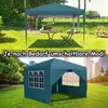 A green gazebo is shown in two different settings: one in a garden with a table and chairs, and another in a more urban setting with buildings in the background. Produktbild-Vorschau