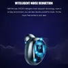A close-up of a wireless earbud with glowing blue accents and a digital display showing '5.0' on a dark blue background with wave-like patterns. Produktbild-Vorschau