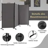 A marketing image showcasing a grey, three-panel room divider with wheels, highlighting its features with close-up shots and text descriptions. Náhľad obrázku produktu