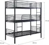 A black metal triple bunk bed with dimensions indicated. Voir les images du produit