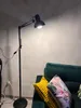 A black floor lamp with an adjustable arm is positioned next to a dark green sofa with two decorative pillows. Náhľad obrázku produktu