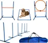 A collage of dog agility equipment, including jumps, a weave pole set, a tunnel, and a carrying bag, with a golden retriever lying in a square frame. Náhled obrázku produktu
