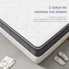 A mattress is shown on a floor with some slippers and a magazine nearby. Text overlays provide marketing information. Voir les images du produit
