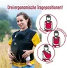 A woman is shown outdoors in a field, wearing a baby sling with a baby inside. Diagrams illustrating different baby carrying positions are shown on the right side of the image. Produktbild-Vorschau