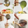 A collage of four images showing a small metal pot with a wooden handle being used to pour different liquids into various dishes and drinks. Voir les images du produit