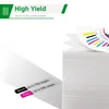 A stack of paper with a few sheets fanned out, showing color test patterns. Text overlays indicate 'High Yield' and page counts for black and color ink. Produktbild-Vorschau