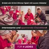 A collage of images showing women enjoying a murder mystery dinner game, with table settings and people in bathrobes. Produktbild-Vorschau
