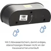 The underside of a black planter box with drainage holes and illustrative water droplets, accompanied by German text. Produktbild-Vorschau