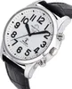 A close-up, angled view of a men's watch with a white face and black leather strap. Produktbild-Vorschau