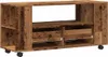 A rustic-looking TV stand with drawers and shelves, mounted on wheels. Podgląd zdjęcia produktu