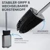 A toilet brush and its holder are shown with text highlighting features. Produktbild-Vorschau