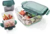 Three transparent food storage containers with green lids and clasps, filled with food items, are arranged on a white background. Produktbild-Vorschau