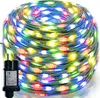A coiled string of colorful LED lights with a power adapter. Voir les images du produit