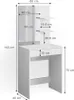 A diagram showing the dimensions of a white vanity table with a mirror and shelves. Podgląd zdjęcia produktu