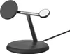 A black wireless charging stand for a phone and a watch, shown on a white background. Produktbild-Vorschau