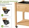 Close-up of a wooden planter box with wheels, showing details of the wheels and text describing their features. Podgląd zdjęcia produktu