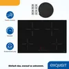 A black induction cooktop with four cooking zones, control panel, and icons indicating features like touch control, booster, and child lock. Accessories like clips and a sealing strip are also shown. The Exquisit logo and a slogan are present. Produktbild-Vorschau