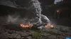 A large, furry creature attacking a character with a flaming weapon in a courtyard. Produktbild-Vorschau