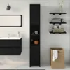 A modern bathroom with a black vanity, sink, tall black cabinet, and shelves with towels and decorative items. Náhled obrázku produktu