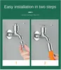 Two images showing the installation steps of a faucet extender. Produktbild-Vorschau