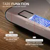 Close-up of a digital kitchen scale with text overlays explaining its features. Produktbild-Vorschau