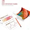 Marketing image showing graphs and a colorful image of parrot feathers, with German text promoting vibrant colors. Produktbild-Vorschau